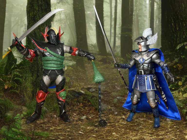 Grimsword vs Strongheart action figures standing ready for battle, highlighting their rivalry in Advanced Dungeons & Dragons