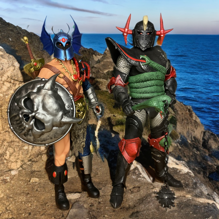 Grimsword and Warduke action figures standing ready for battle, highlighting their rivalry as evil warriors from Advanced Dungeons & Dragons