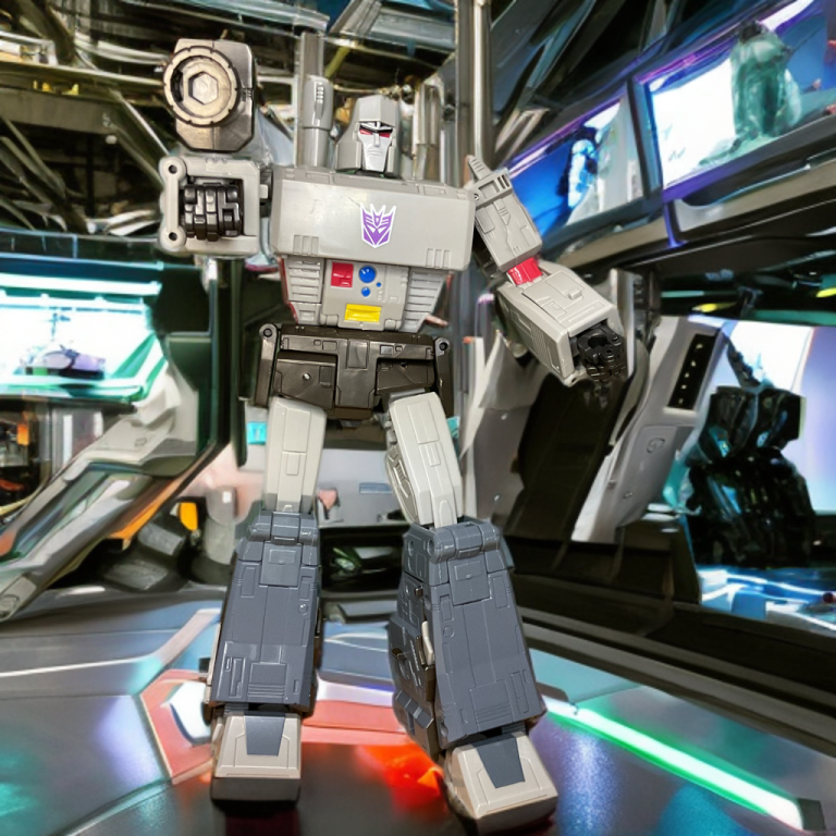 Studio Series Leader Megatron next to smaller figures or hand, emphasizing 8.5-inch height and premium build quality.