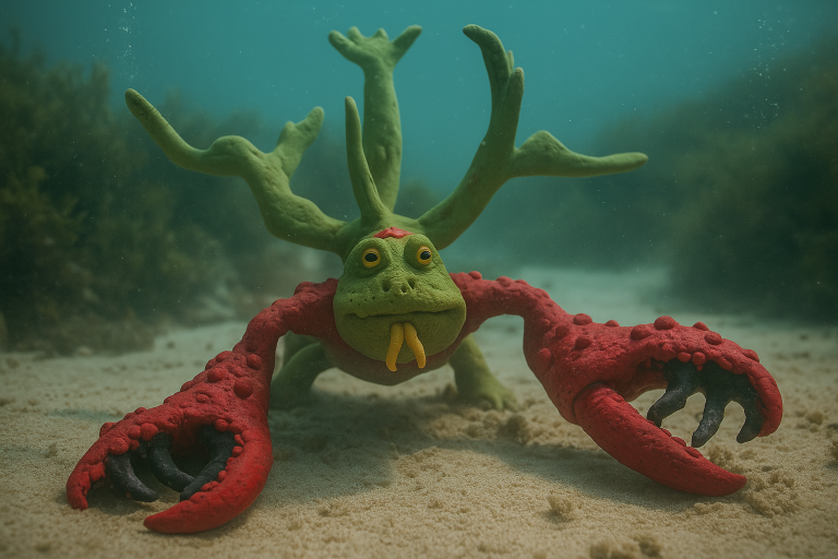 Renderização em 3D de Krakenmarus, um personagem híbrido aquático com armadura inspirada em cefalópodes e detalhes de ventosas.